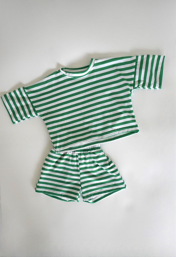cutie bum original: oversized t-shirt and short set (green stripe)